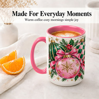 #pl[15oz|Pink] Pink Christmas Ornaments Ceramic Mug, Bow and Holly Holiday Design