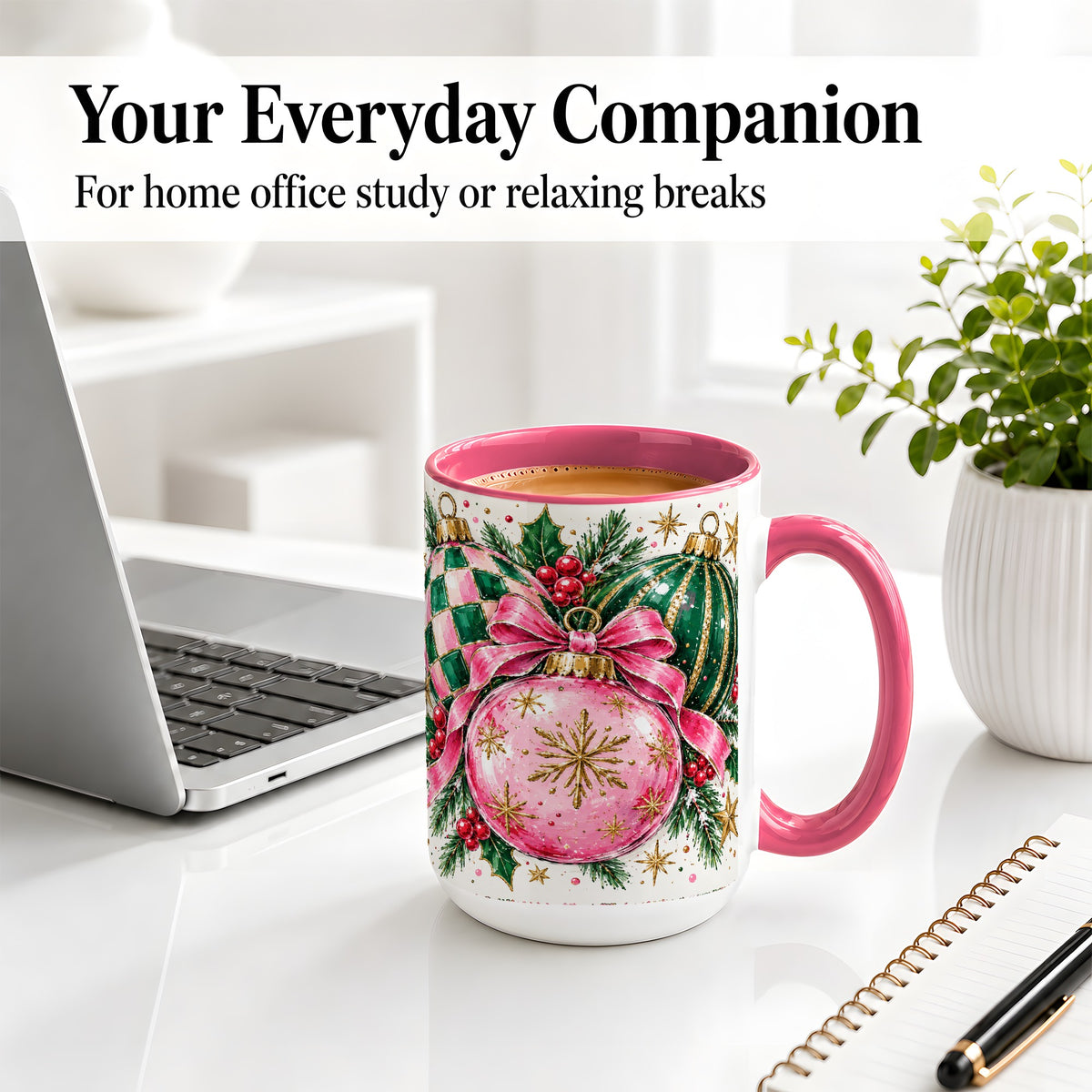 #pl[15oz|Pink] Pink Christmas Ornaments Ceramic Mug, Bow and Holly Holiday Design