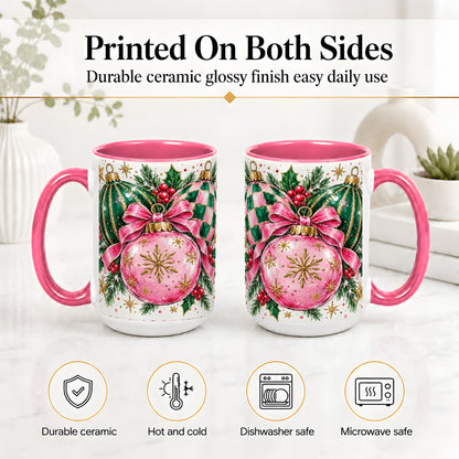 #pl[15oz|Pink] Pink Christmas Ornaments Ceramic Mug, Bow and Holly Holiday Design