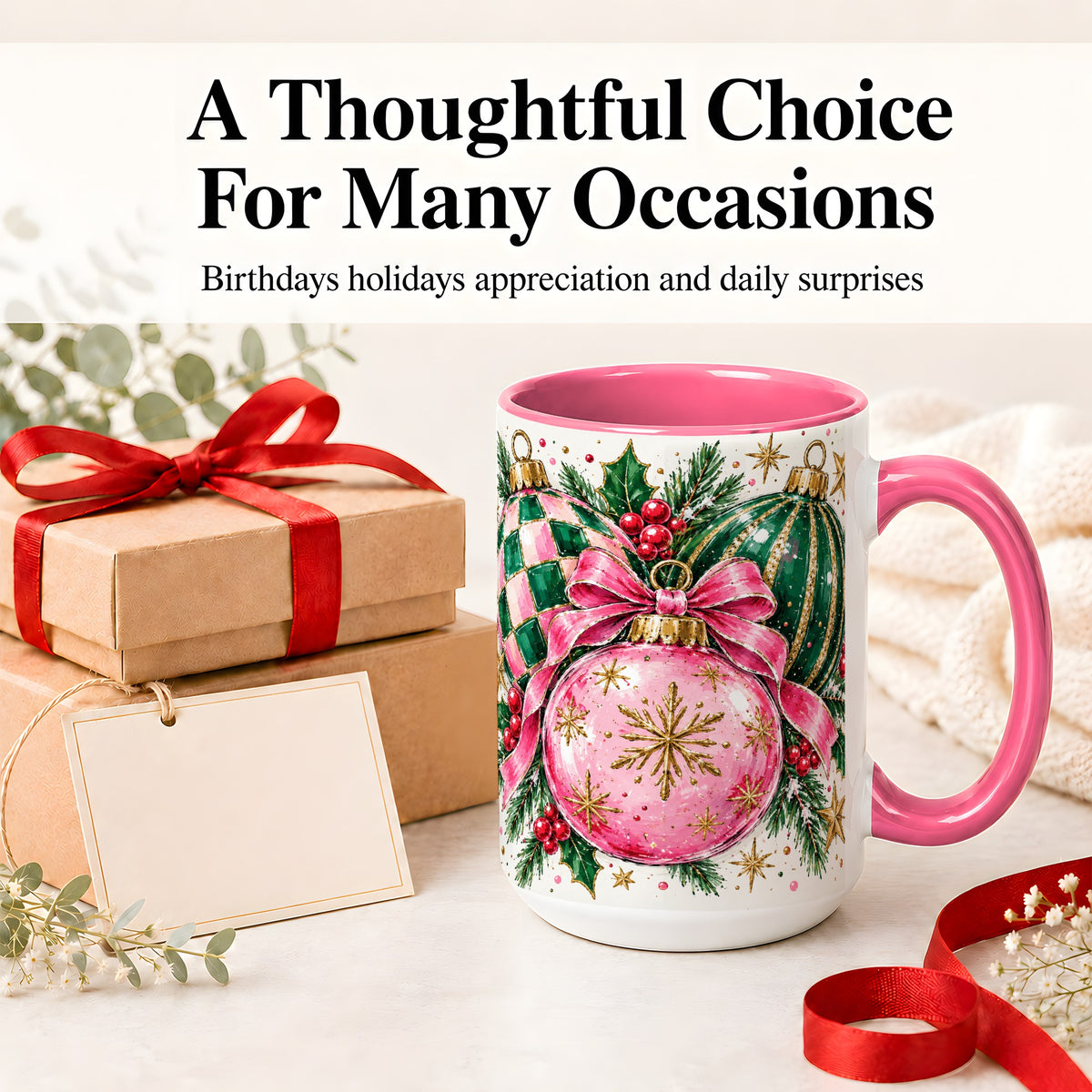 #pl[15oz|Pink] Pink Christmas Ornaments Ceramic Mug, Bow and Holly Holiday Design
