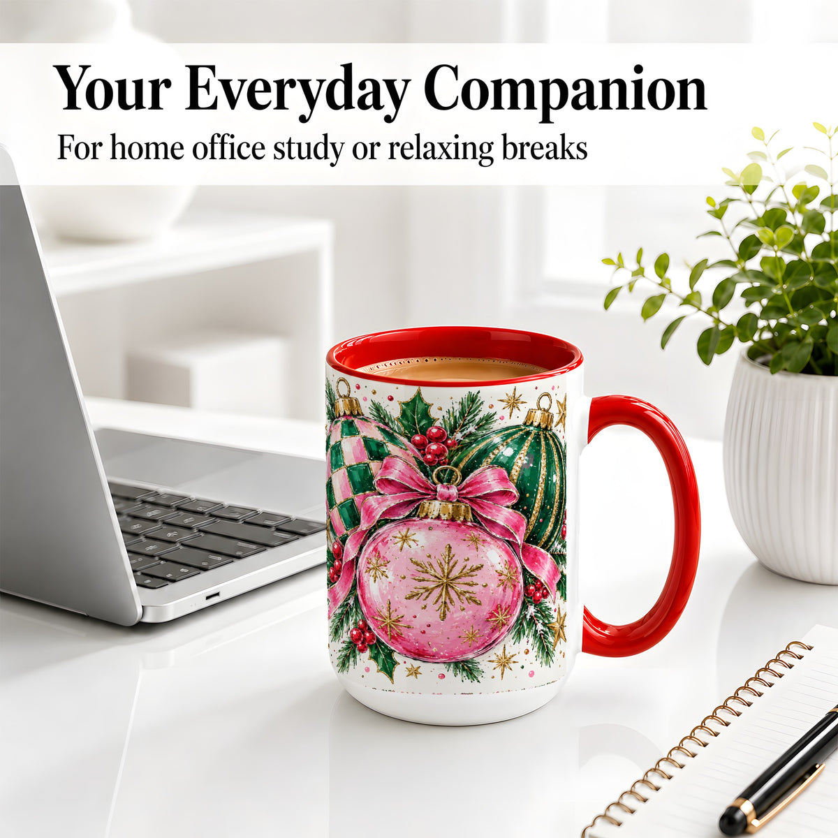#pl[15oz|Red] Pink Christmas Ornaments Ceramic Mug, Bow and Holly Holiday Design