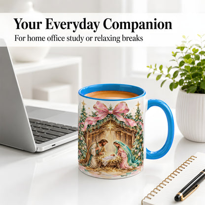 #pl[11oz|Blue] Nativity Scene Ceramic Mug, Christmas Religious Holiday Artwork