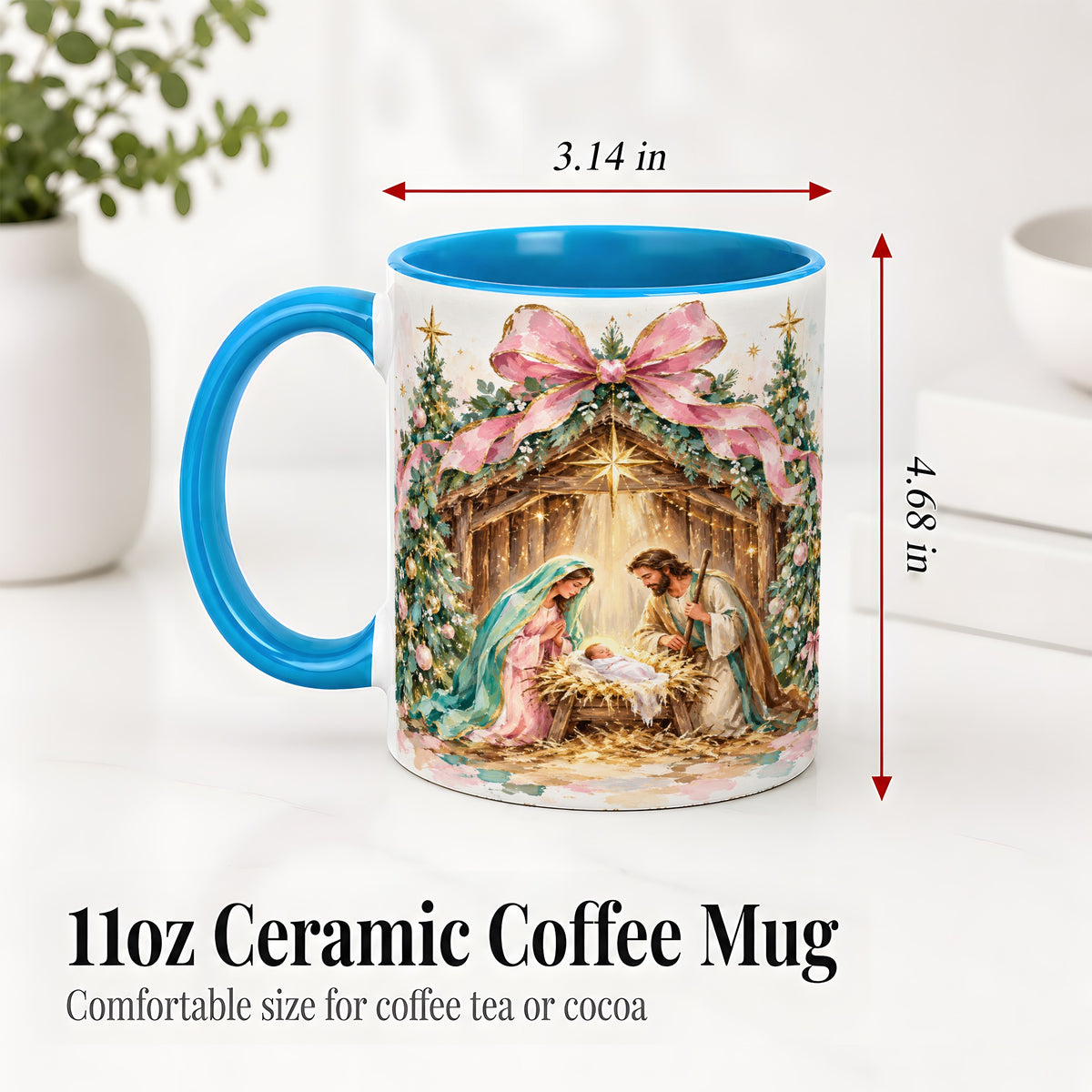 #pl[11oz|Blue] Nativity Scene Ceramic Mug, Christmas Religious Holiday Artwork