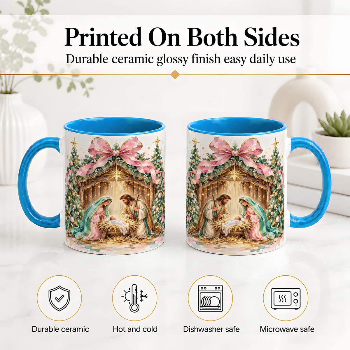 #pl[11oz|Blue] Nativity Scene Ceramic Mug, Christmas Religious Holiday Artwork