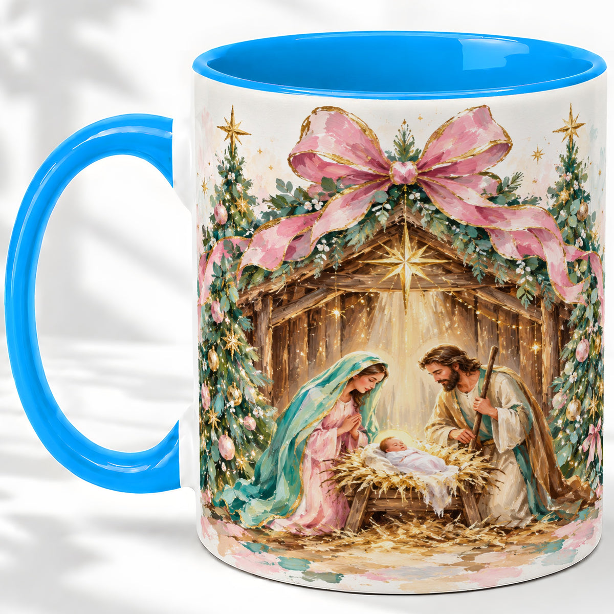 #pl[11oz|Blue] Nativity Scene Ceramic Mug, Christmas Religious Holiday Artwork