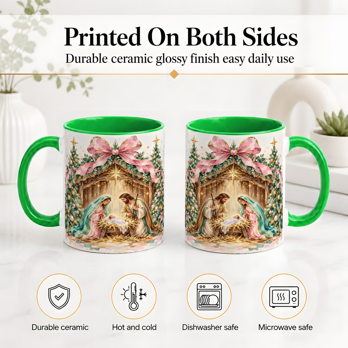 #pl[11oz|Green] Nativity Scene Ceramic Mug, Christmas Religious Holiday Artwork