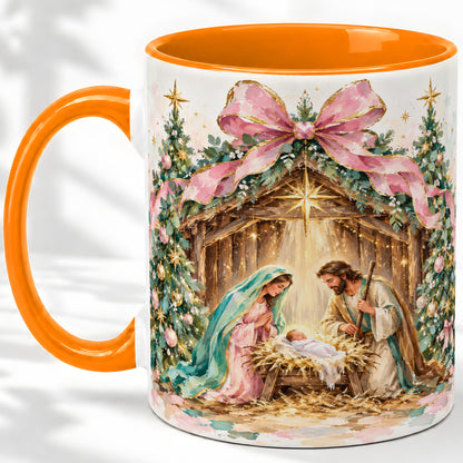 #pl[11oz|Orange] Nativity Scene Ceramic Mug, Christmas Religious Holiday Artwork
