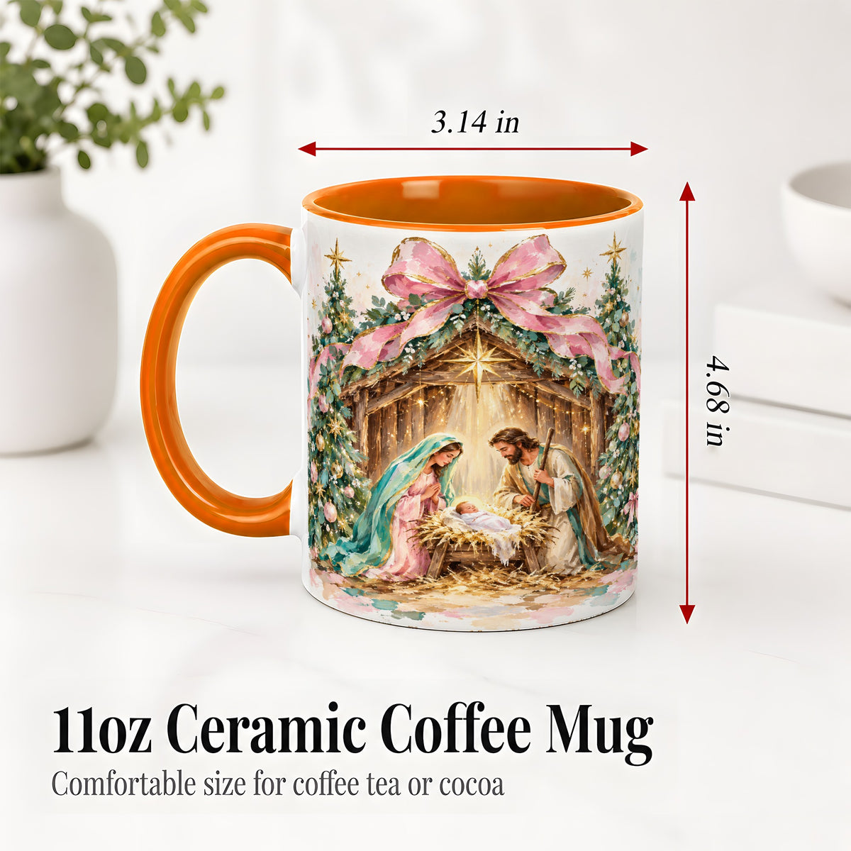 #pl[11oz|Orange] Nativity Scene Ceramic Mug, Christmas Religious Holiday Artwork