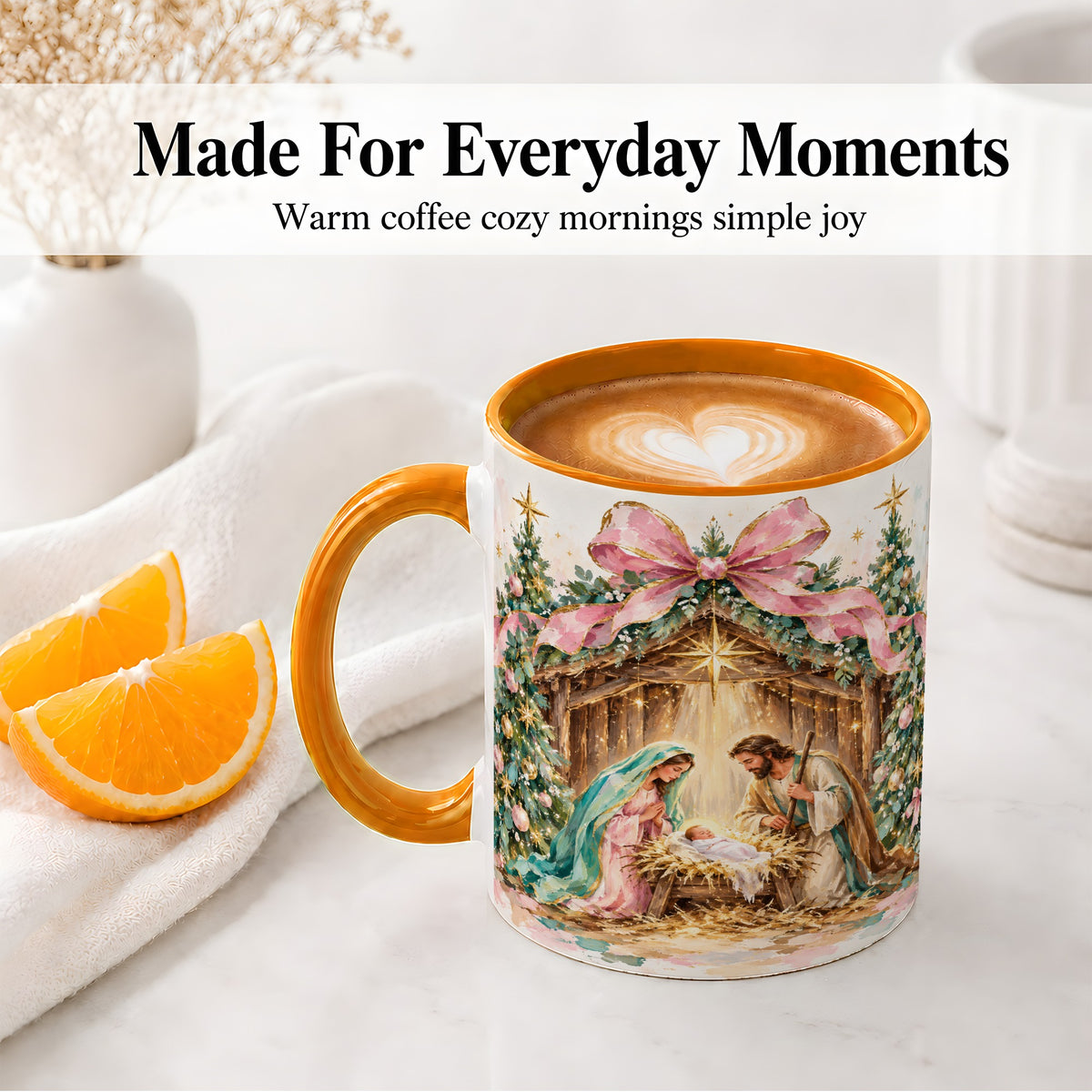 #pl[11oz|Orange] Nativity Scene Ceramic Mug, Christmas Religious Holiday Artwork