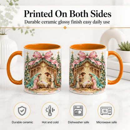 #pl[11oz|Orange] Nativity Scene Ceramic Mug, Christmas Religious Holiday Artwork