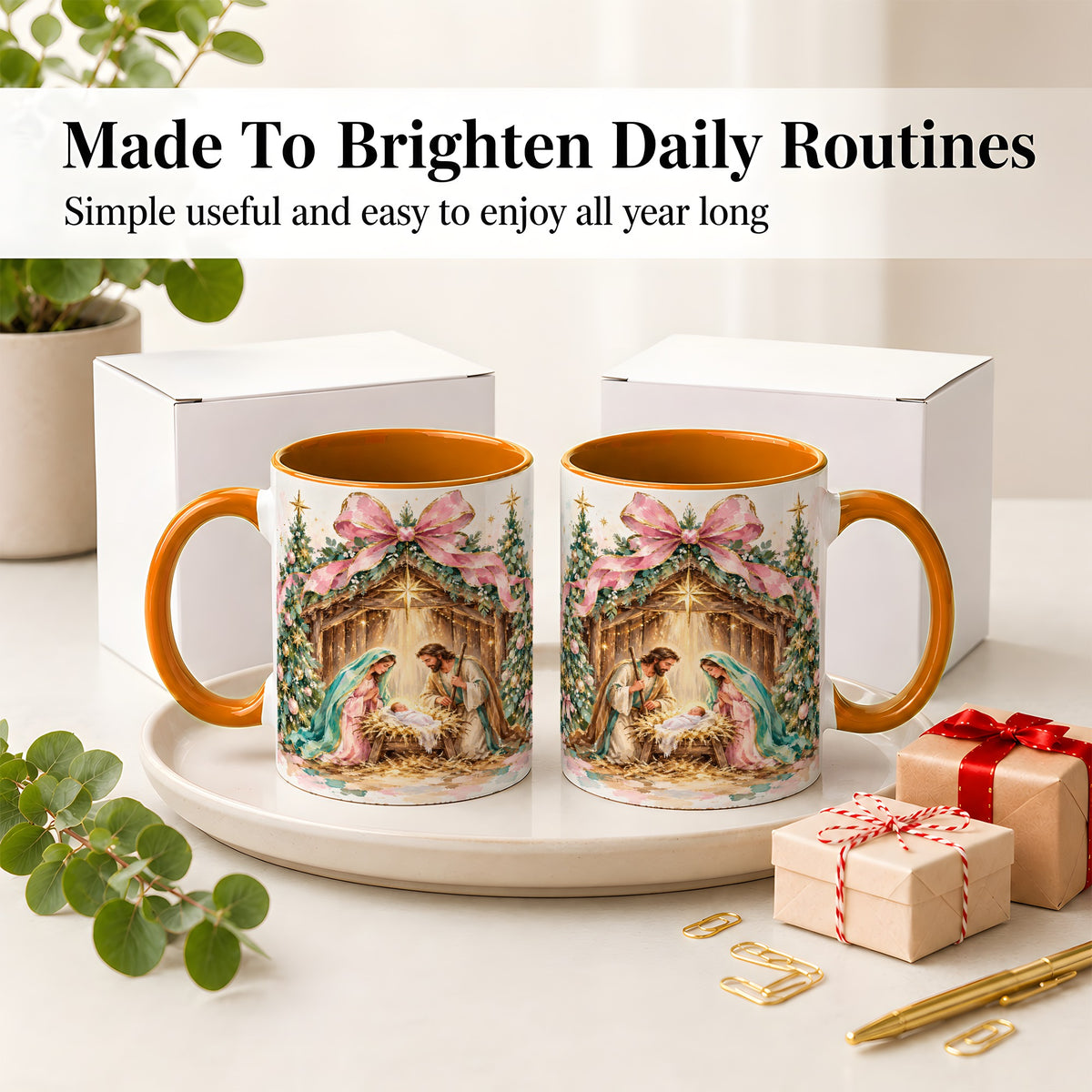 #pl[11oz|Orange] Nativity Scene Ceramic Mug, Christmas Religious Holiday Artwork