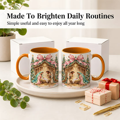 #pl[11oz|Orange] Nativity Scene Ceramic Mug, Christmas Religious Holiday Artwork