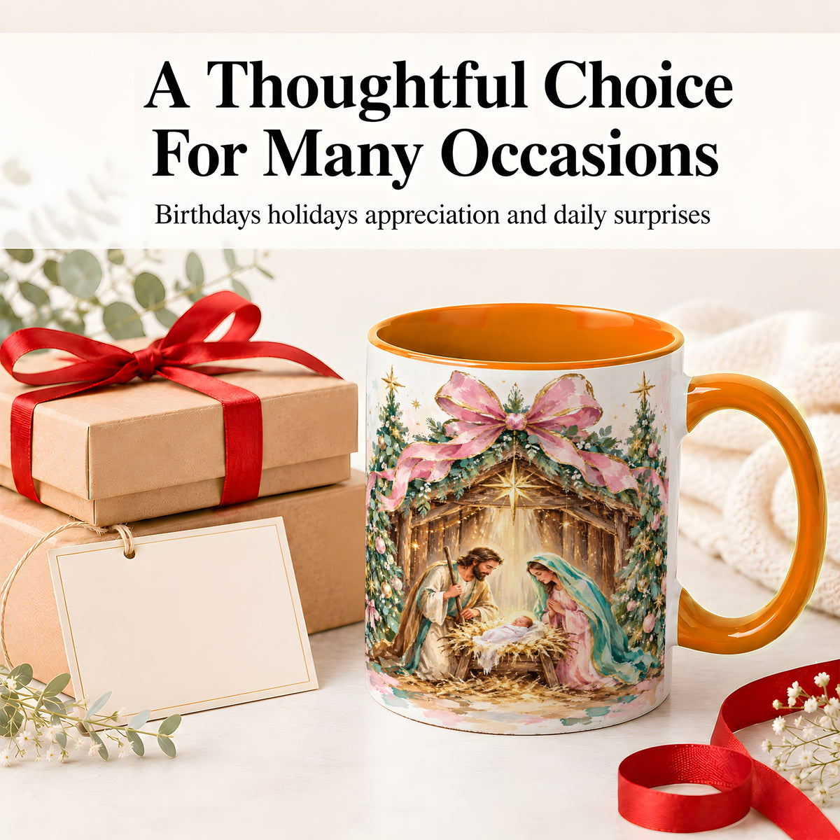 #pl[11oz|Orange] Nativity Scene Ceramic Mug, Christmas Religious Holiday Artwork