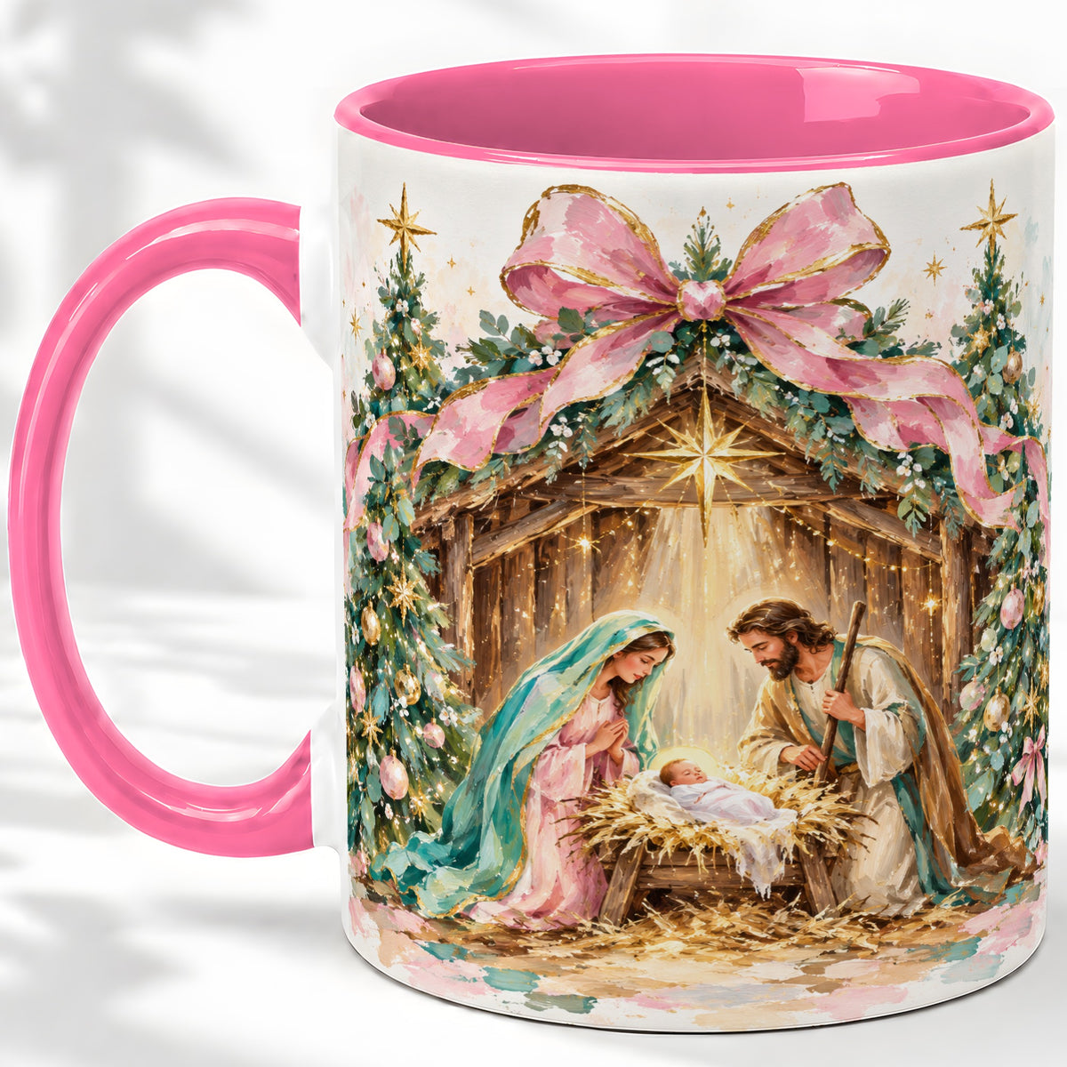 #pl[11oz|Pink] Nativity Scene Ceramic Mug, Christmas Religious Holiday Artwork
