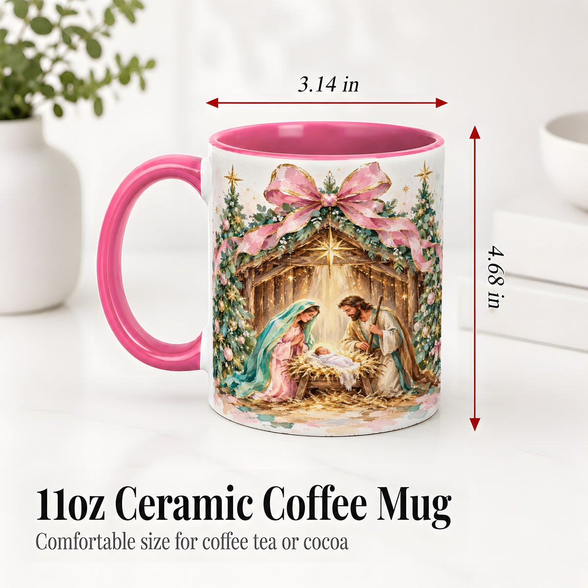 #pl[11oz|Pink] Nativity Scene Ceramic Mug, Christmas Religious Holiday Artwork