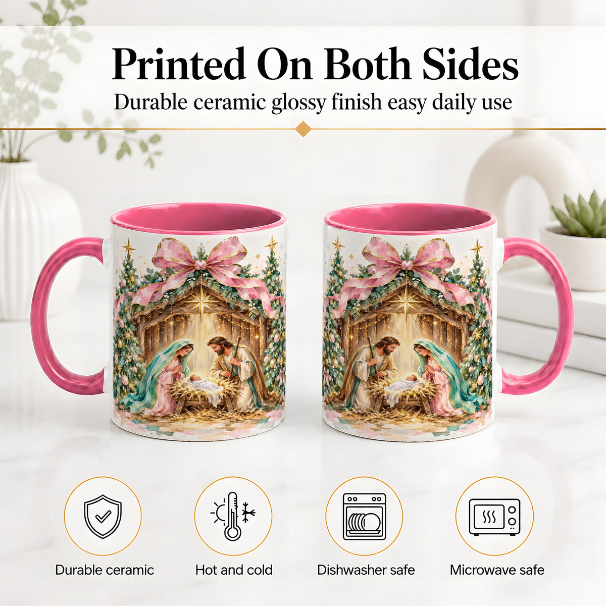 #pl[11oz|Pink] Nativity Scene Ceramic Mug, Christmas Religious Holiday Artwork