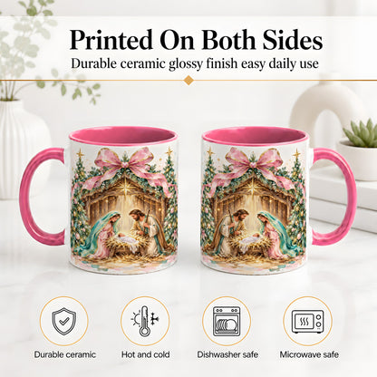 #pl[11oz|Pink] Nativity Scene Ceramic Mug, Christmas Religious Holiday Artwork