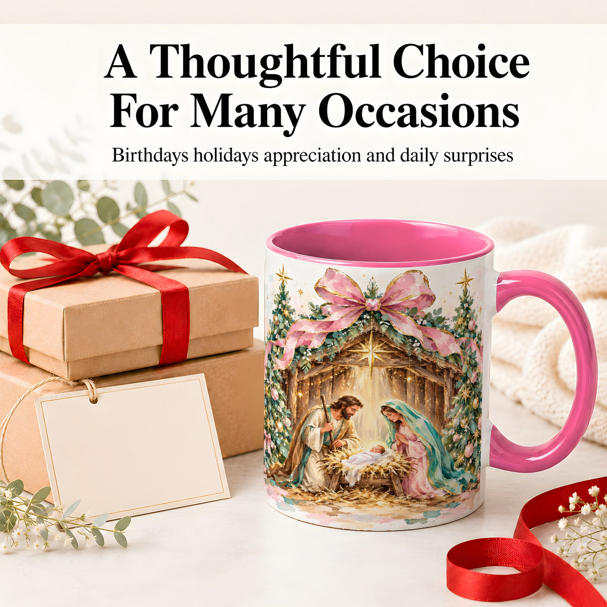#pl[11oz|Pink] Nativity Scene Ceramic Mug, Christmas Religious Holiday Artwork