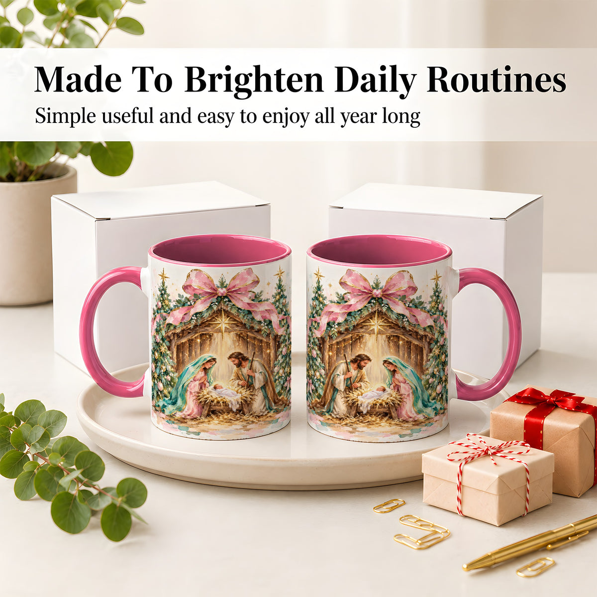 #pl[11oz|Pink] Nativity Scene Ceramic Mug, Christmas Religious Holiday Artwork
