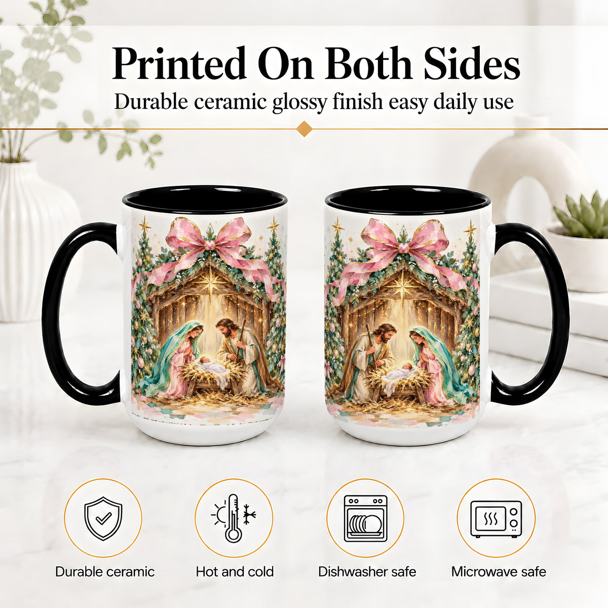 #pl[15oz|Black] Nativity Scene Ceramic Mug, Christmas Religious Holiday Artwork