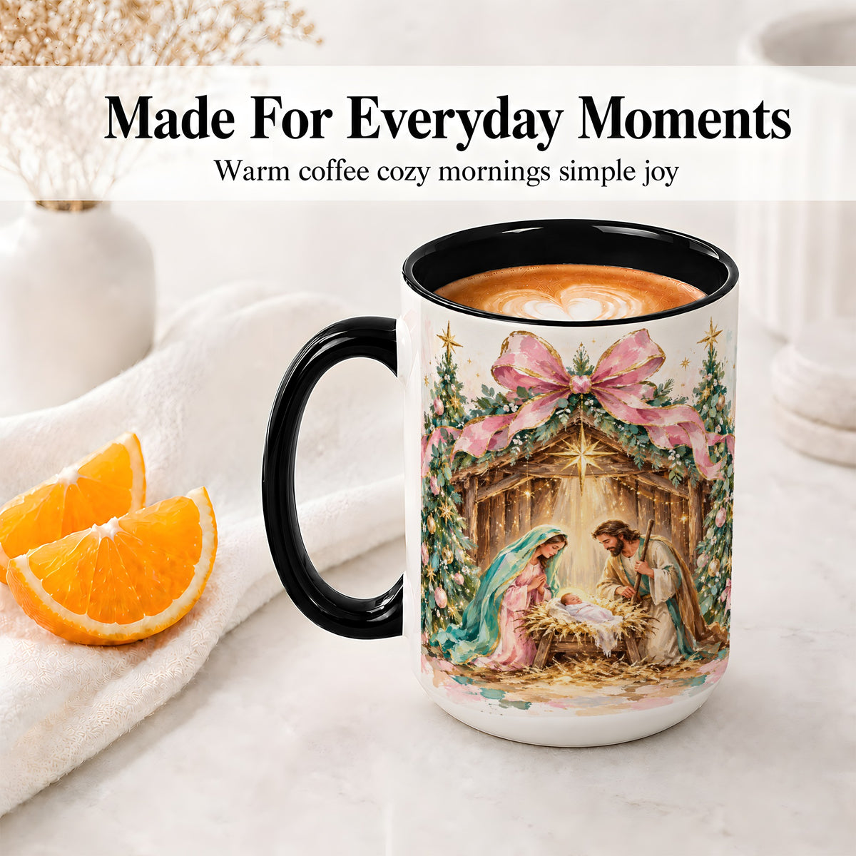 #pl[15oz|Black] Nativity Scene Ceramic Mug, Christmas Religious Holiday Artwork