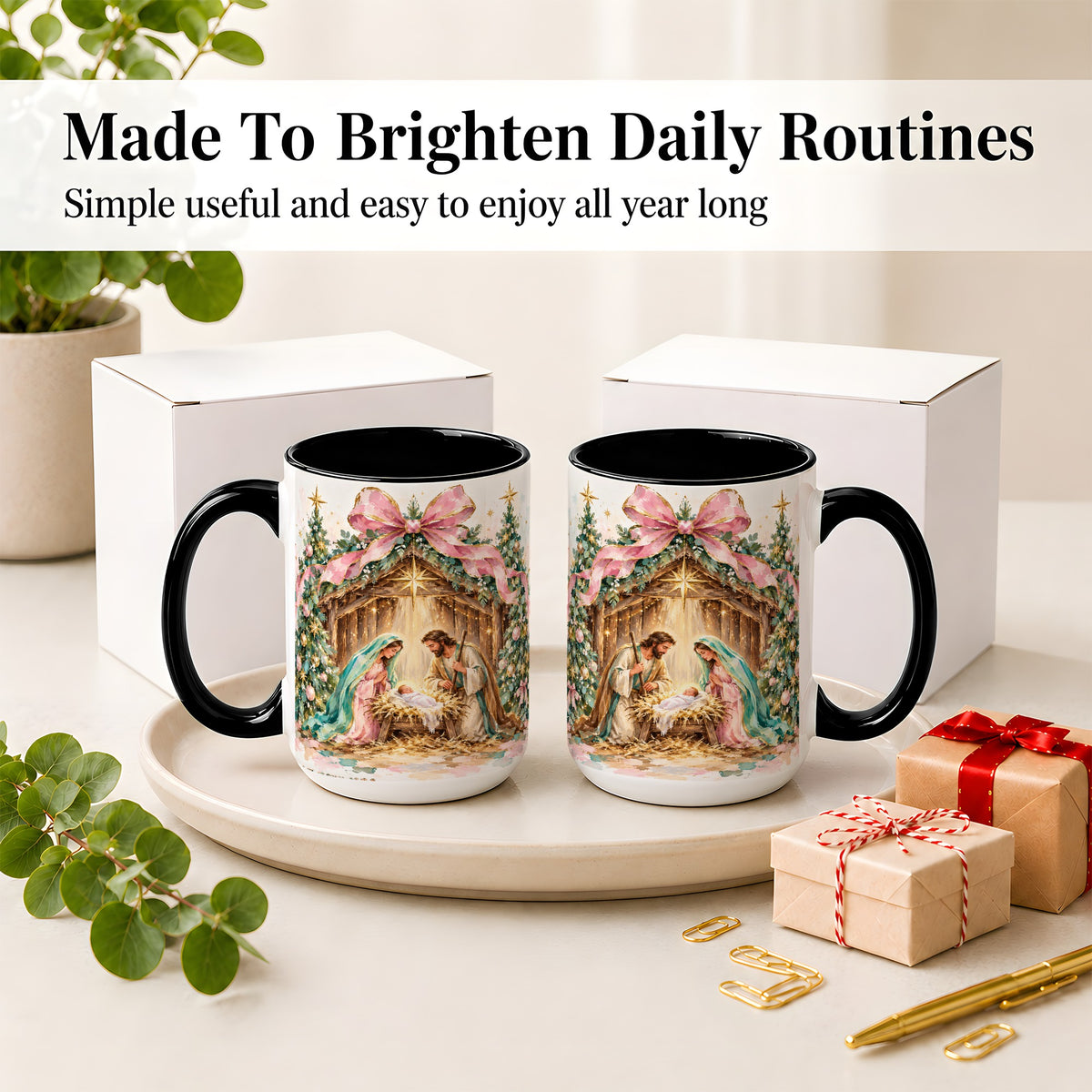 #pl[15oz|Black] Nativity Scene Ceramic Mug, Christmas Religious Holiday Artwork