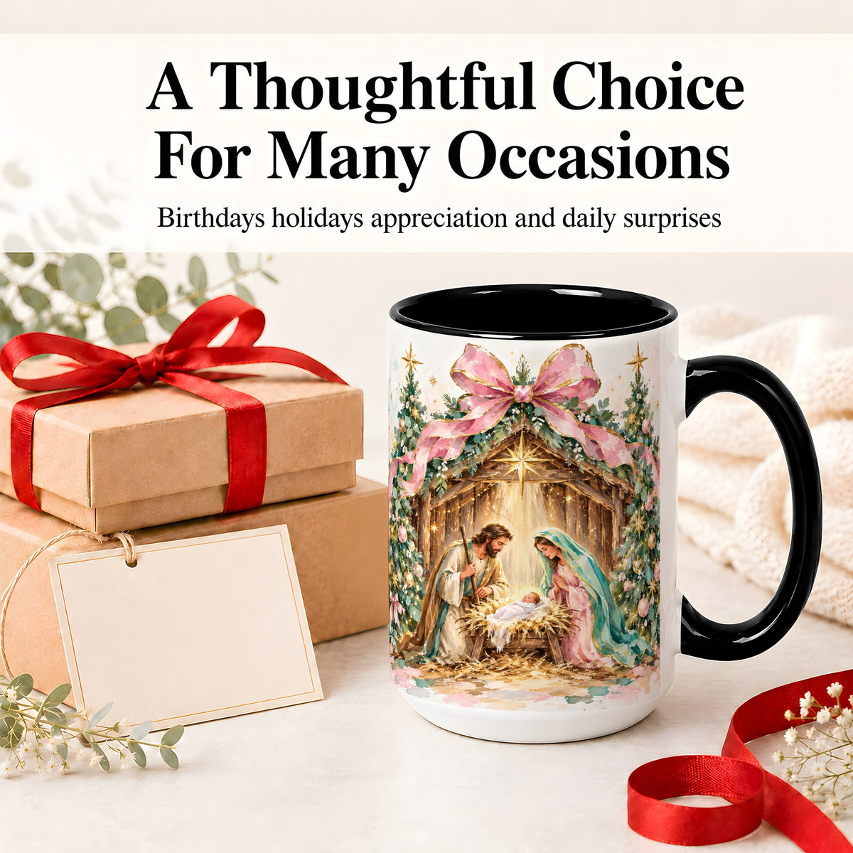 #pl[15oz|Black] Nativity Scene Ceramic Mug, Christmas Religious Holiday Artwork