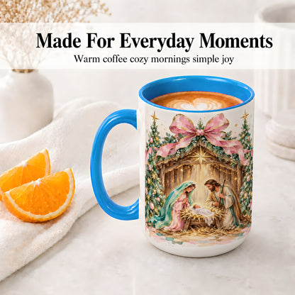 #pl[15oz|Blue] Nativity Scene Ceramic Mug, Christmas Religious Holiday Artwork