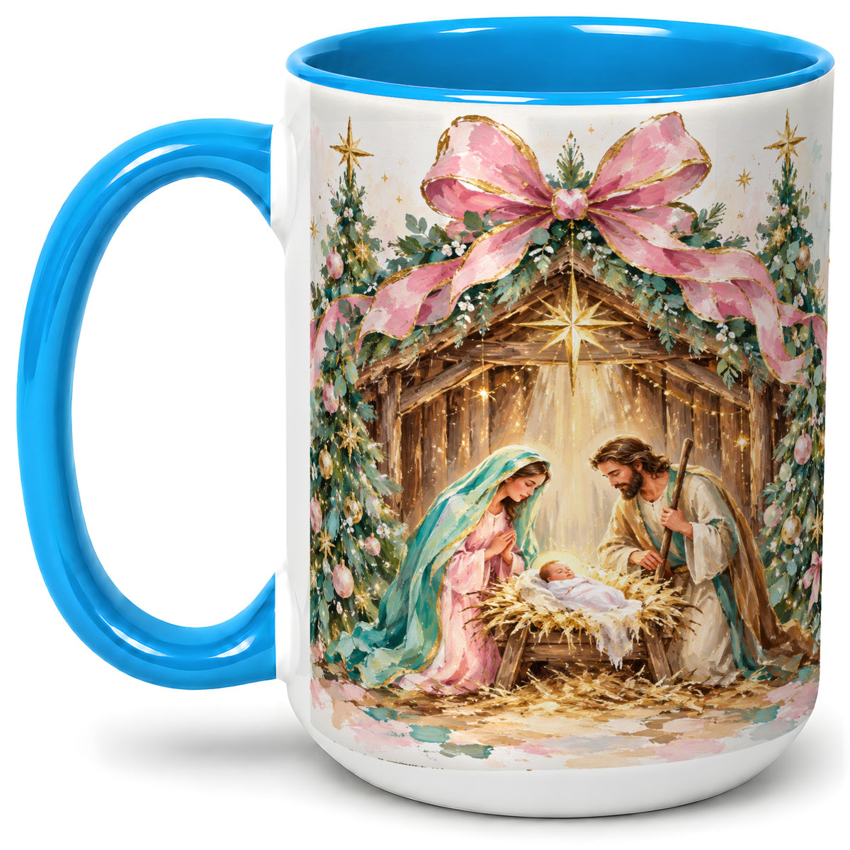#pl[15oz|Blue] Nativity Scene Ceramic Mug, Christmas Religious Holiday Artwork
