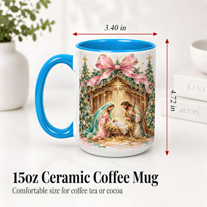 #pl[15oz|Blue] Nativity Scene Ceramic Mug, Christmas Religious Holiday Artwork