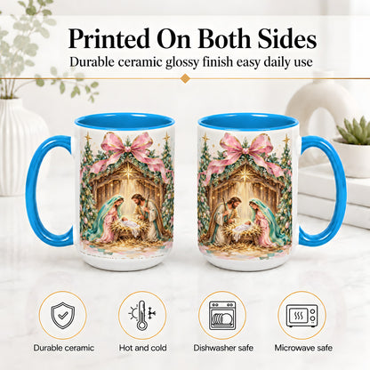 #pl[15oz|Blue] Nativity Scene Ceramic Mug, Christmas Religious Holiday Artwork