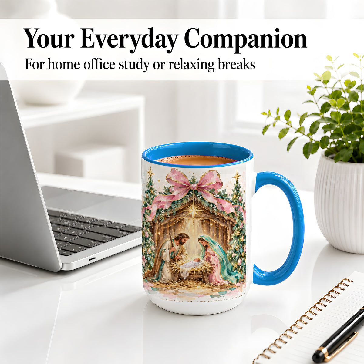 #pl[15oz|Blue] Nativity Scene Ceramic Mug, Christmas Religious Holiday Artwork