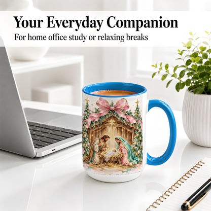 #pl[15oz|Blue] Nativity Scene Ceramic Mug, Christmas Religious Holiday Artwork