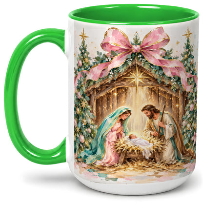 #pl[15oz|Green] Nativity Scene Ceramic Mug, Christmas Religious Holiday Artwork