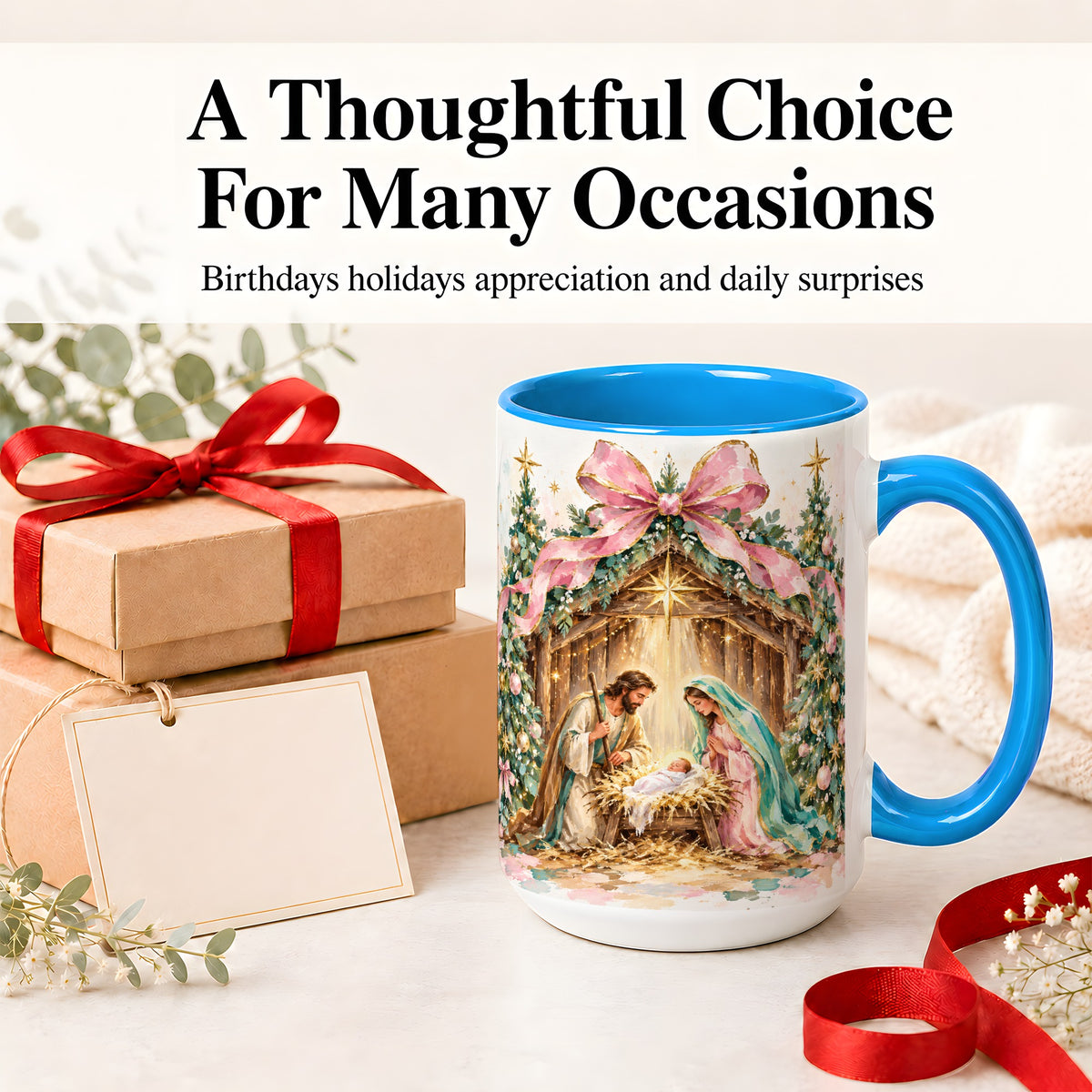 #pl[15oz|Blue] Nativity Scene Ceramic Mug, Christmas Religious Holiday Artwork