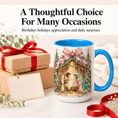 #pl[15oz|Blue] Nativity Scene Ceramic Mug, Christmas Religious Holiday Artwork