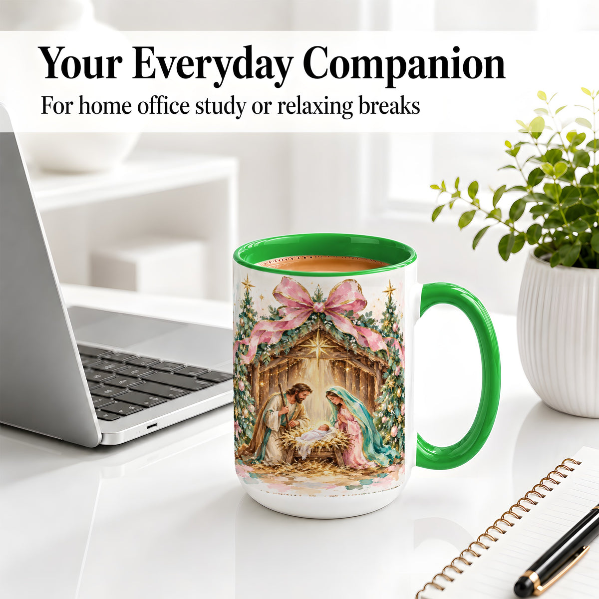 #pl[15oz|Green] Nativity Scene Ceramic Mug, Christmas Religious Holiday Artwork