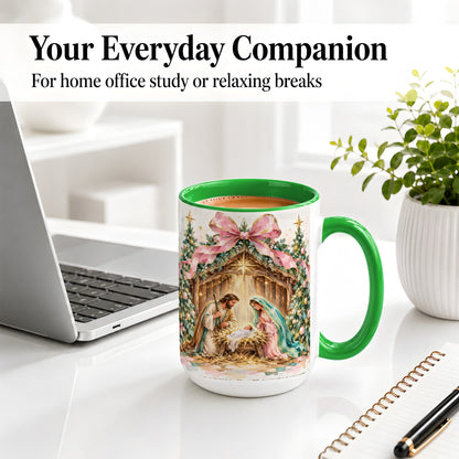 #pl[15oz|Green] Nativity Scene Ceramic Mug, Christmas Religious Holiday Artwork