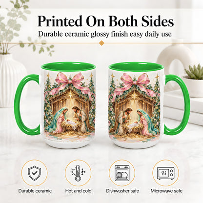 #pl[15oz|Green] Nativity Scene Ceramic Mug, Christmas Religious Holiday Artwork