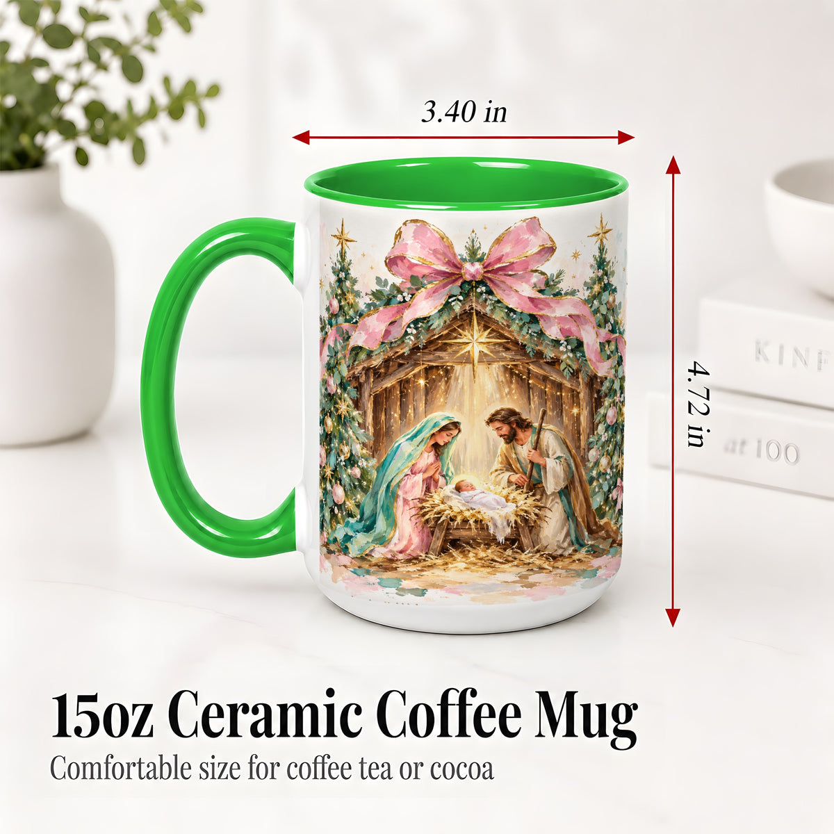 #pl[15oz|Green] Nativity Scene Ceramic Mug, Christmas Religious Holiday Artwork