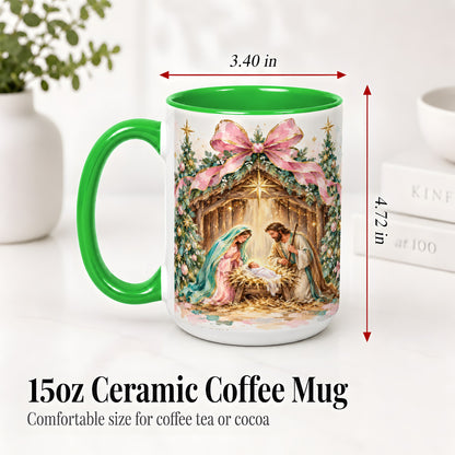 #pl[15oz|Green] Nativity Scene Ceramic Mug, Christmas Religious Holiday Artwork