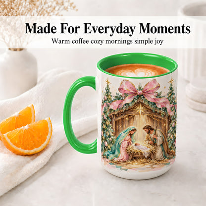 #pl[15oz|Green] Nativity Scene Ceramic Mug, Christmas Religious Holiday Artwork