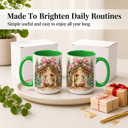#pl[15oz|Green] Nativity Scene Ceramic Mug, Christmas Religious Holiday Artwork