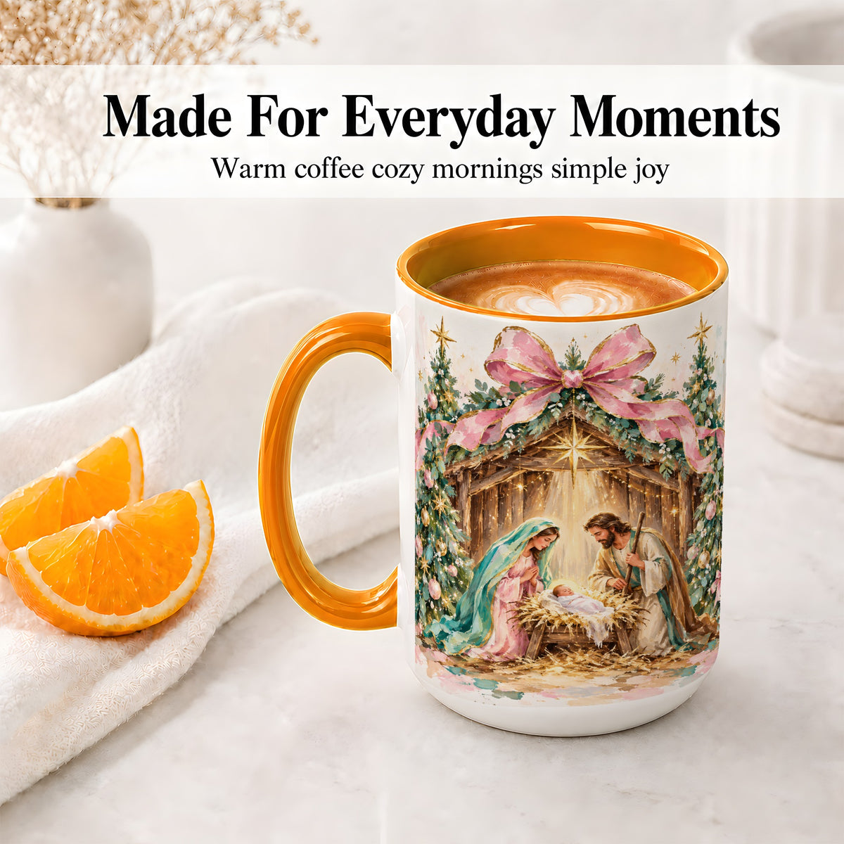 #pl[15oz|Orange] Nativity Scene Ceramic Mug, Christmas Religious Holiday Artwork