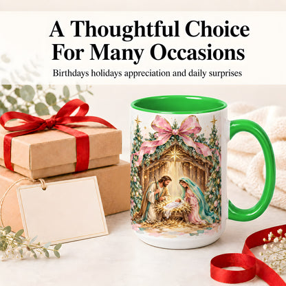 #pl[15oz|Green] Nativity Scene Ceramic Mug, Christmas Religious Holiday Artwork