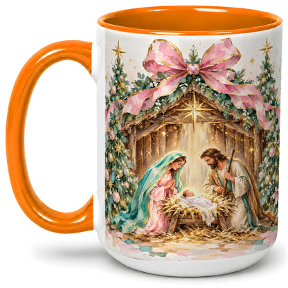 #pl[15oz|Orange] Nativity Scene Ceramic Mug, Christmas Religious Holiday Artwork