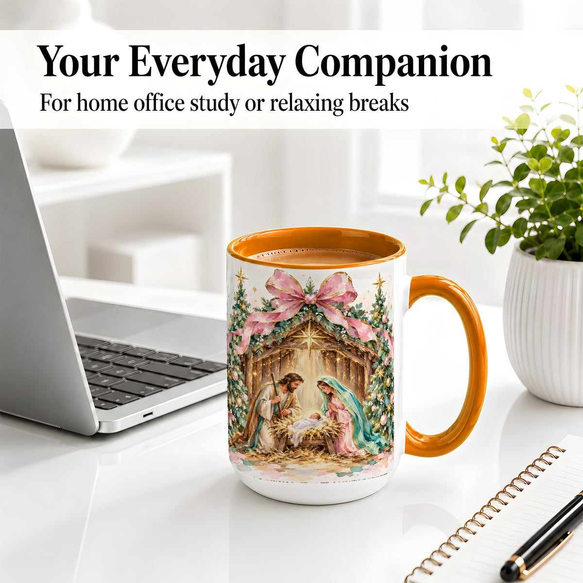 #pl[15oz|Orange] Nativity Scene Ceramic Mug, Christmas Religious Holiday Artwork