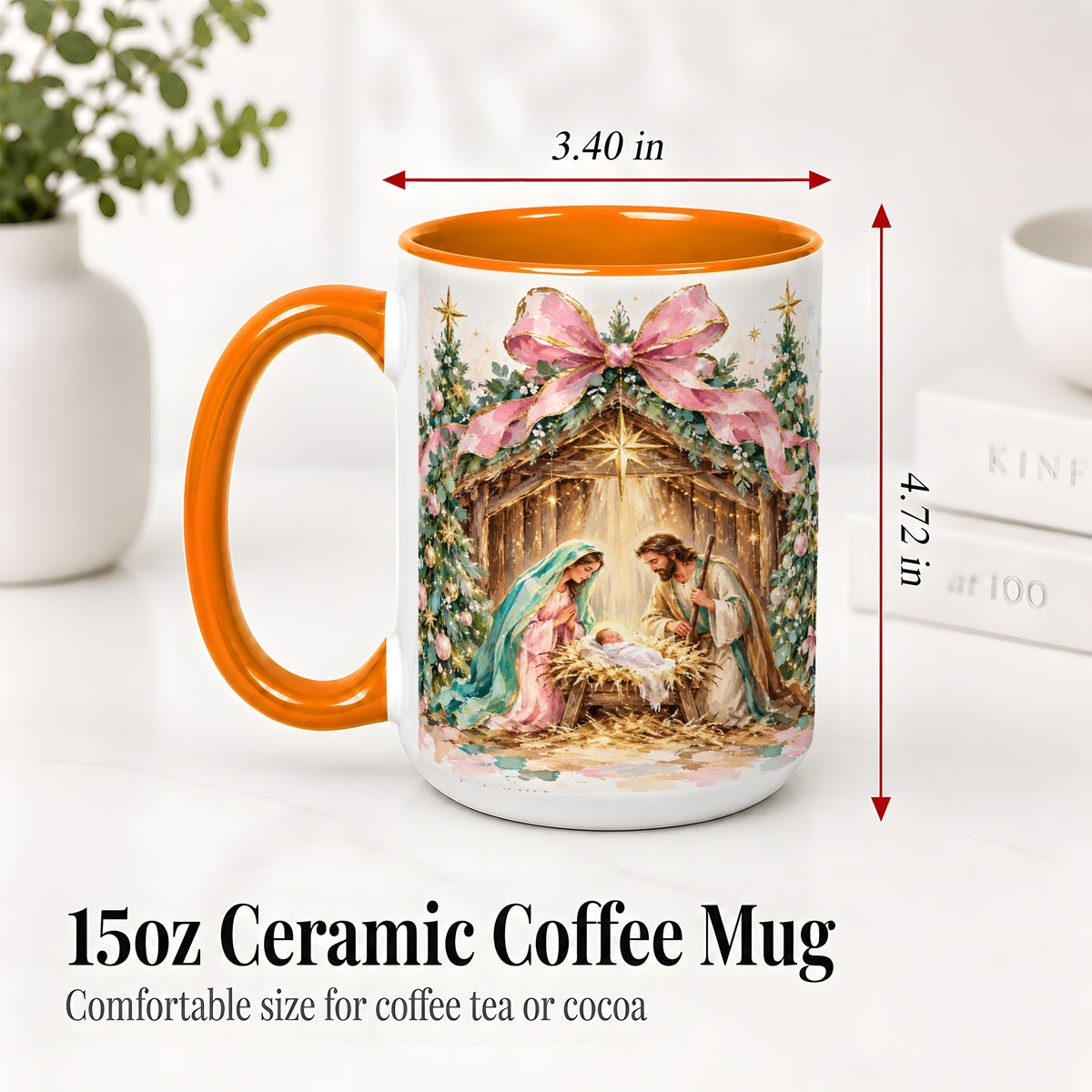 #pl[15oz|Orange] Nativity Scene Ceramic Mug, Christmas Religious Holiday Artwork