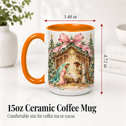 #pl[15oz|Orange] Nativity Scene Ceramic Mug, Christmas Religious Holiday Artwork