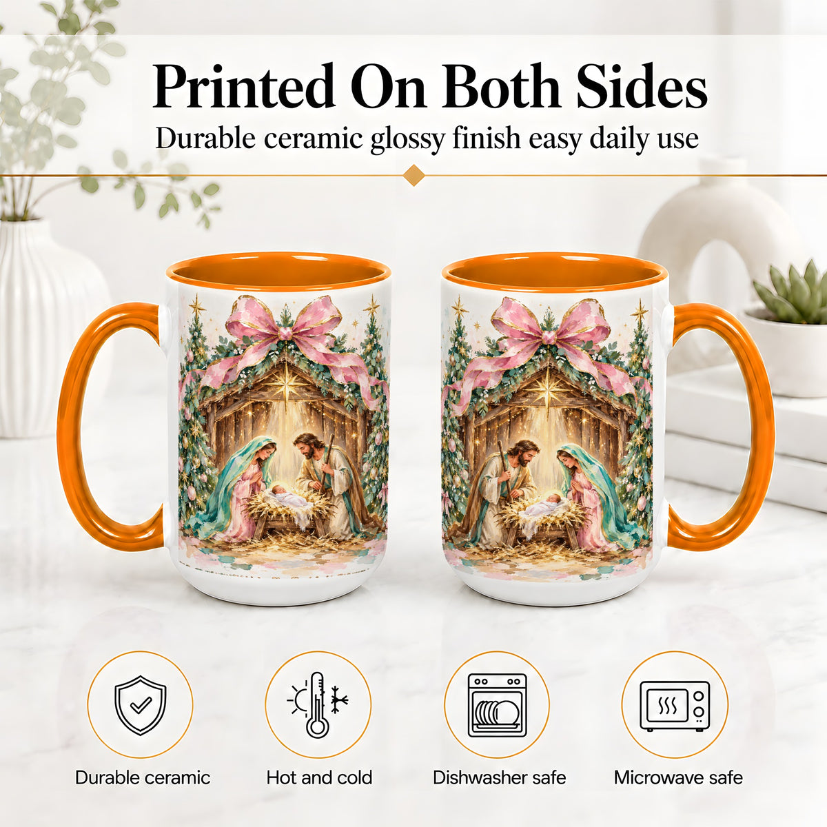 #pl[15oz|Orange] Nativity Scene Ceramic Mug, Christmas Religious Holiday Artwork
